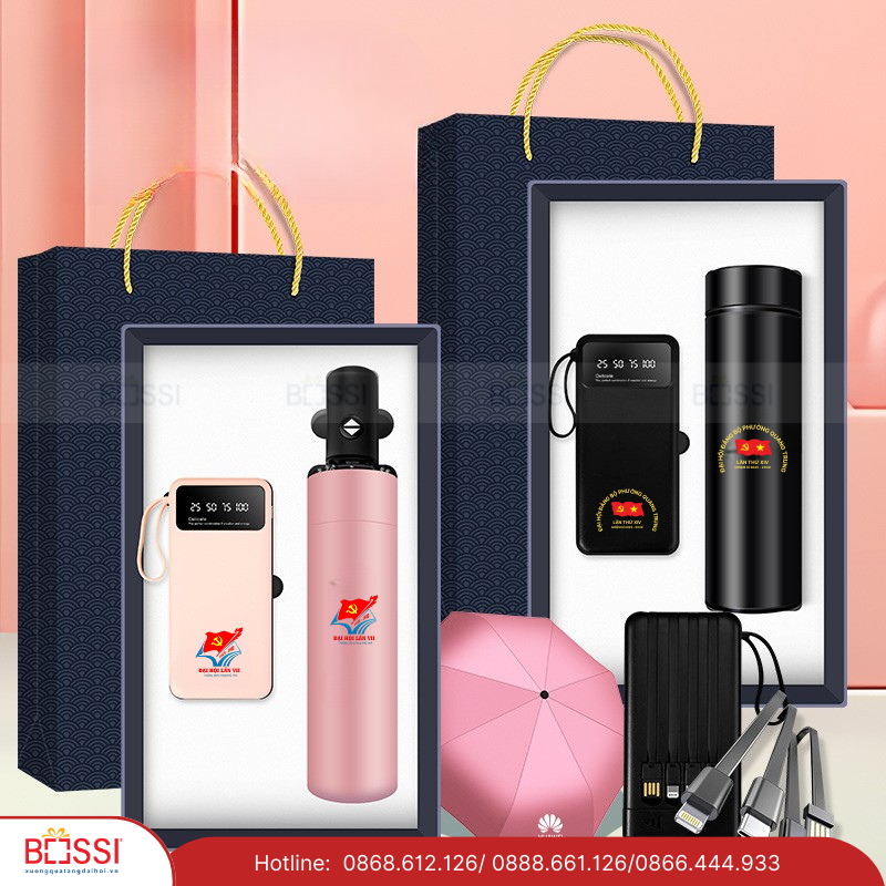 Bộ Giftset Bình giữ nhiệt + Ô gấp gọn in logo theo yêu cầu - GS05 Bộ Giftset Sạc dự phòng + Ô tự động 2 chiều in logo - GS07